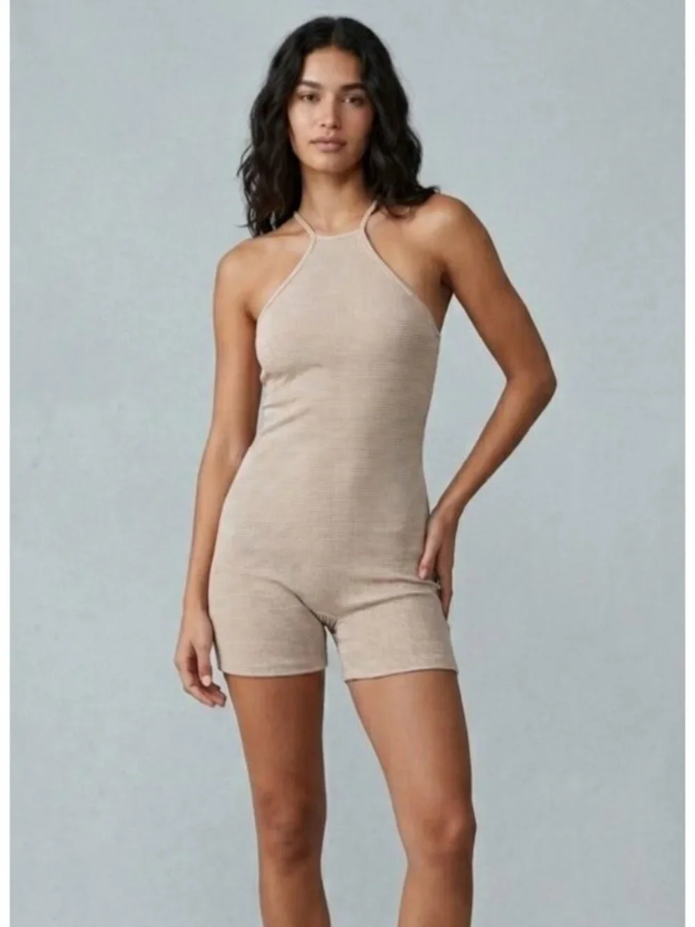 Women's - Zara Beige and White Striped Ribbed Knit Romper, Size Large - Picture 1 of 8